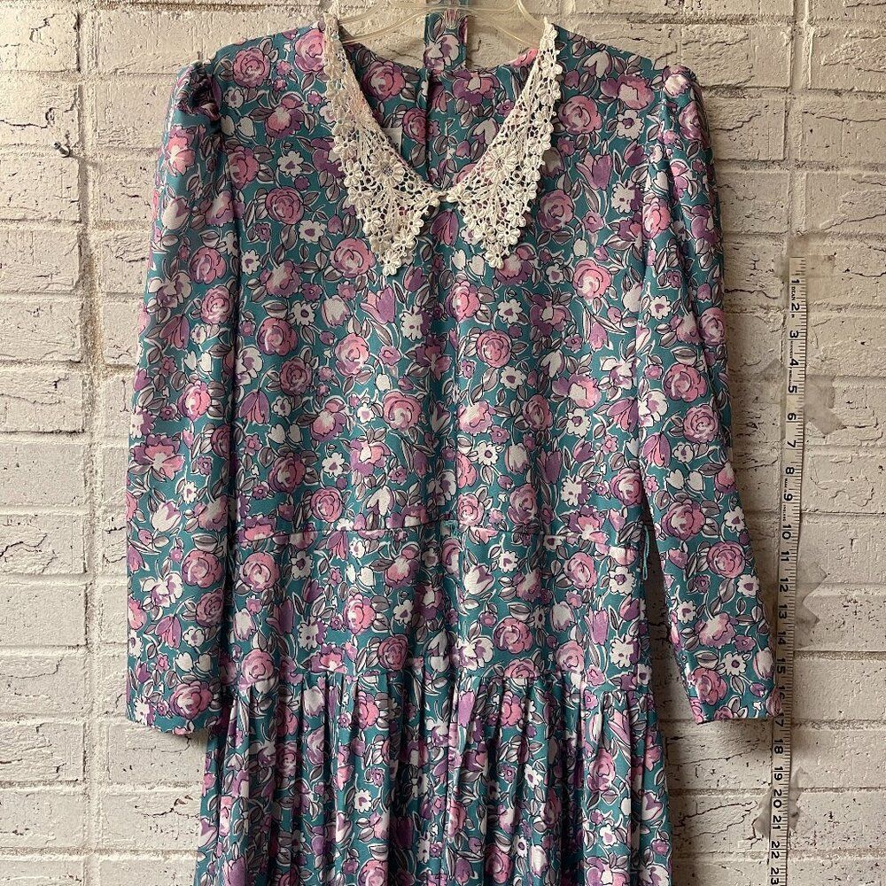 Vintage Floral 80s Jennifer Gee Pleated Long Sleeve Dress 10